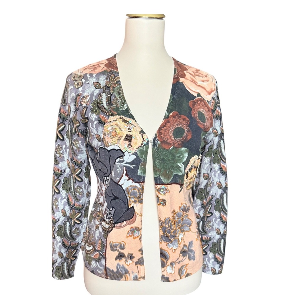 Alberto Makali Floral Paisley Embellished‎ Sequin Cardigan Sweater Women Size L